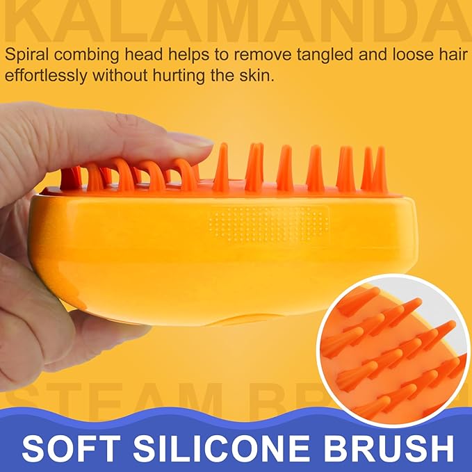 KALAMANDA Cat Steam Brush, 3 in 1 Dog Steamy Brush Cleanser, Silicone Massage Grooming Comb, Pet Hair Cleaning Misting Comb for Cats Dogs(Mango Yellow)