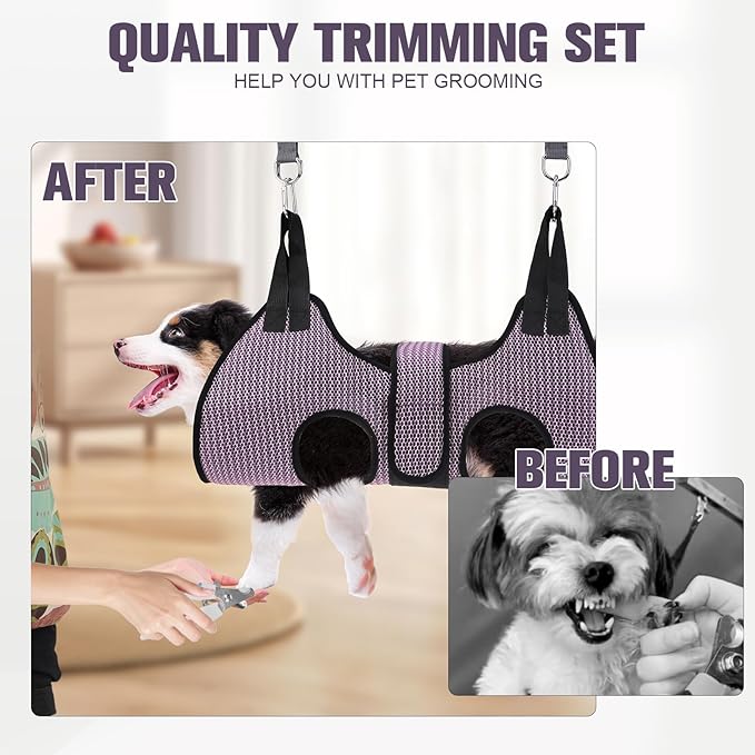 PAWCHIE Dog Grooming Hammock Harness for Dogs & Cats with Pet Nail Clipper Trimmer- Breathable Cat Hanger Sling for Trimming Clipping Nails-Dog Hammock Restraint Bag for Small Medium Large Dog,Pink XS