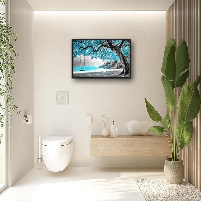 Extra Large Framed Abstract Tree Wall Art,Black and White Tree of Life Wall Decor,Blue Teal Sea Pictures for Living Room,Canvas Print Painting Modern Artwork Bedroom Office Bathroom 36L x 24W