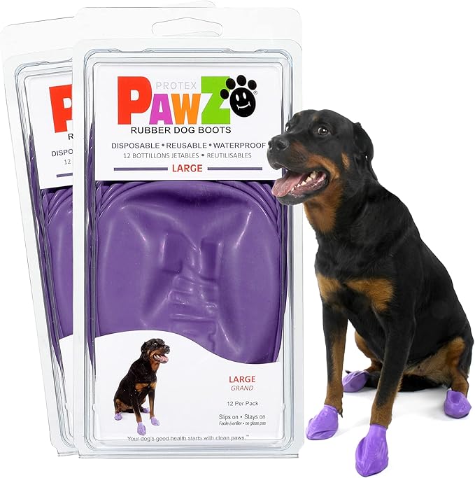 PawZ Rubber Dog Boots for Paws up to 4", 24 Total (2 Packs of 12) - All-Weather Dog Booties for Hot Pavement, Snow, Mud, and Rain - Waterproof, Anti Slip Dog Socks - Large, Purple