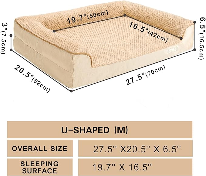 JOYELF Orthopedic Dog Bed for Medium Dogs,U-Shaped Foam Sofa Bed, Bolster Waterproof Pet Bed with Removable Washable Cover and Nonskid Bottom, for Small to Medium Dogs - Khaki