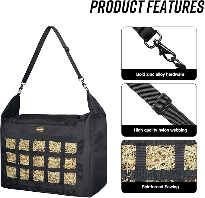 Hay Bag for Horses,Slow Feeder for Horse/Donkey/Goat, Premium 1680D Oxford Cloth,Easy to Fill and Hang with Extra Large Opening（Black）