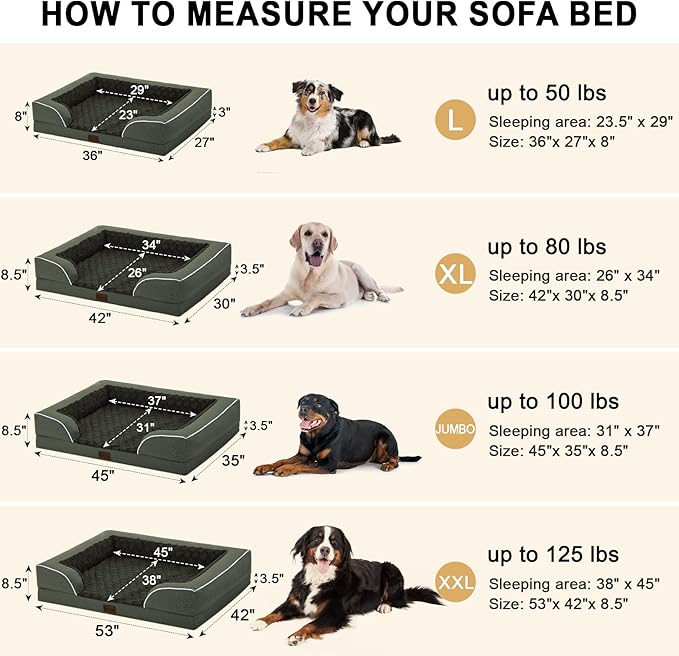 Orthopedic XL Dog Bed for Extra Large Dogs, Waterproof Memory Foam Dog Beds with Sides, Non-Slip Bottom and Egg-Crate Foam Big Dogs Beds with Removable Washable Cover(X-Large,Dark Green)
