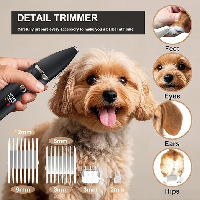 Dog Grooming Kit with LCD Display, 4 in 1 Dog Hair Trimmer for Paw Nail Grinder, Rechargeable Cordless Pet Cat Clippers, Professional Pet Paw Trimmer Nail Grinder Low Noise. Black