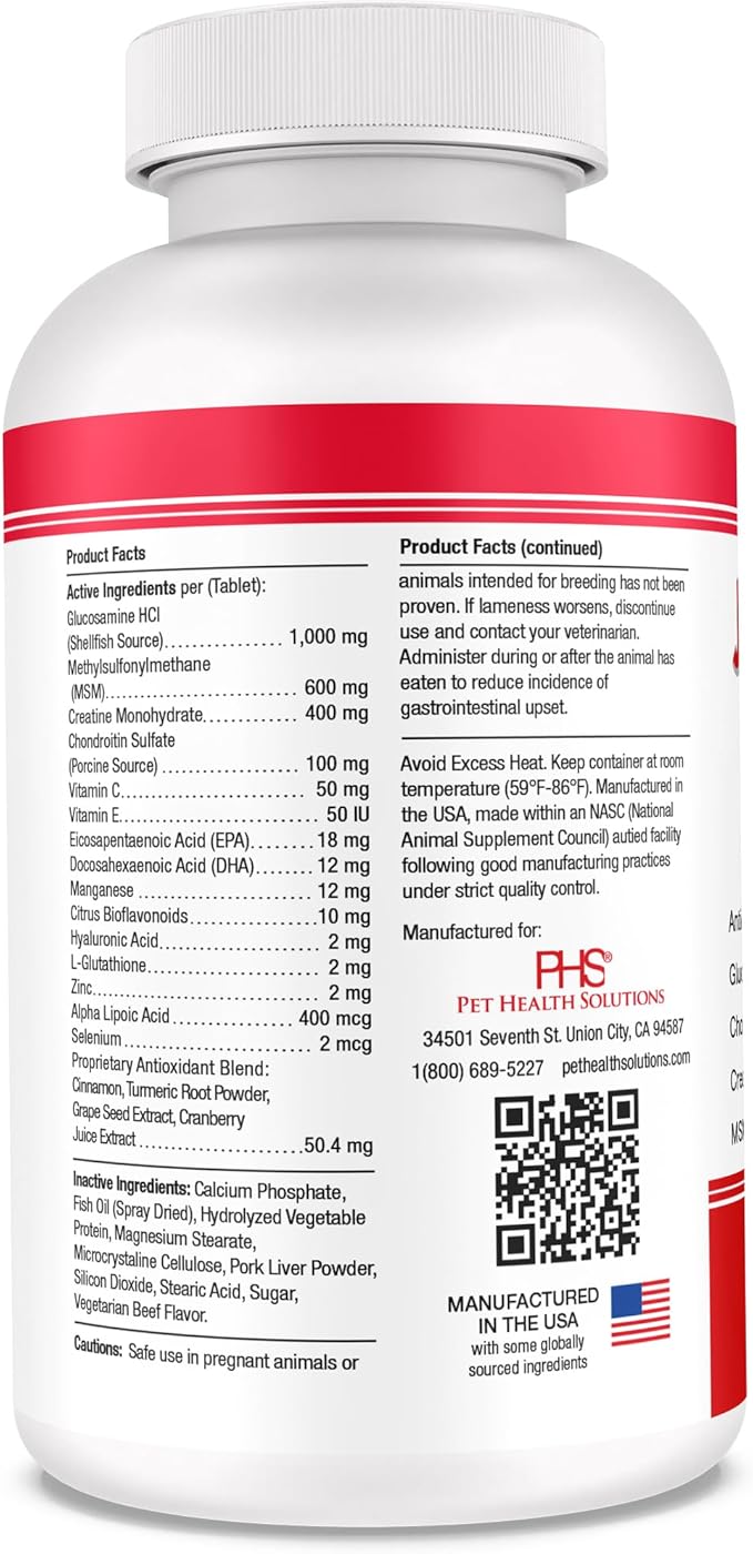 PHS Joint MAX Triple Strength (TS) Chewable Tablets for Dogs - Glucosamine, Chondroitin, MSM - Vitamins, and Antioxidants - Hip and Joint Pain Relief and Support Supplement - Made in USA - 120 Tablets