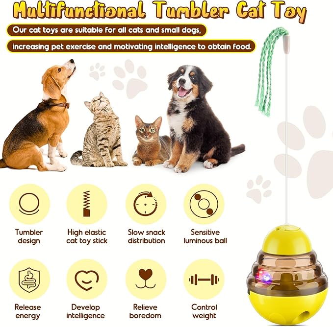Interactive Cat Toys for Indoor Cats,Tumbler Toy for Kitten Tracking Balls Treat Dispenser for Bored Cat and Small Dogs to Chase and Exercise (Yellow)