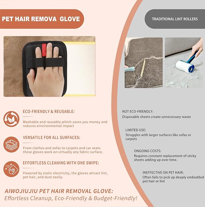 Pet Hair Removal Glove – Upgraded Electrostatic Pet Hair Remover Gloves for Cats & Dogs (Black, L)