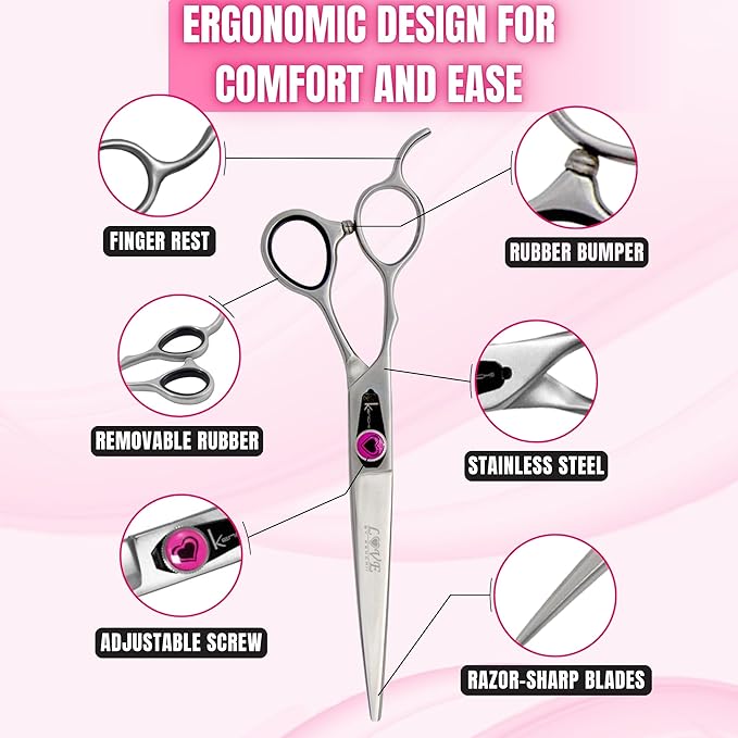 Kenchii Love Left Handed Dog Grooming Scissors, 7 Inch Straight Shears, Dog Scissors for Grooming, Professional Pet Grooming Scissors, Ergonomic & Comfortable