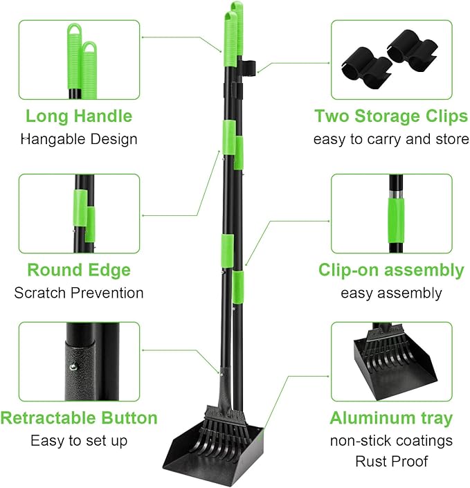 Non-Breakable Pooper Scooper, Dog Pooper Scooper Tray & Rake Set with Adjustable Stainless Steel Long Handle for Large Medium Small Dogs (Green)