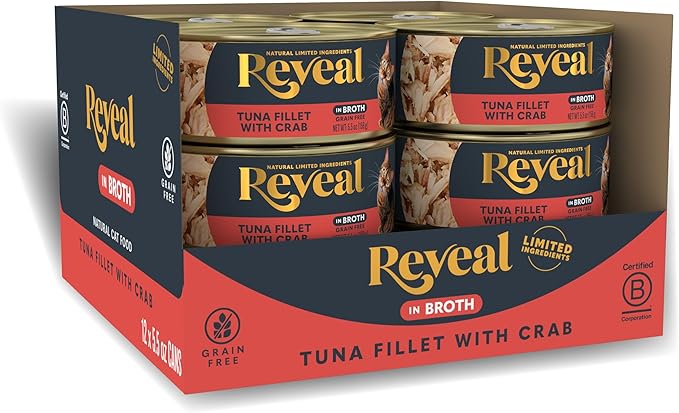 Reveal Natural Wet Cat Food, 12 Count, Grain Free, Limited Ingredient Canned Food for Cats, Tuna Fillet with Crab in Broth, 5.5 oz Cans
