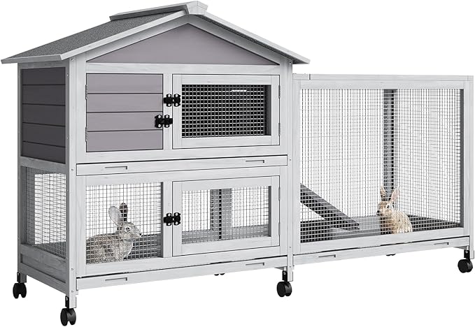 Rabbit Hutch 2-Tier, Small Wooden Chicken Coop with Wheels for Outdoor Use - Weatherproof Small Animal Hutch with Non-Slip Ramp, 4 Access Doors & Removable Tray for Rabbits, Guinea Pigs, Ferrets