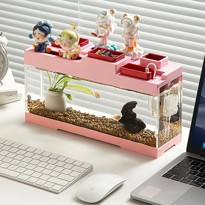 Modern Acrylic Betta Fish Tank Aquarium Kit with LED Lighting and USB Charging Ports 20 Gallon Small Fish Tank for Home Office Decor, Ideal for Living Rooms, bedrooms (Pink)