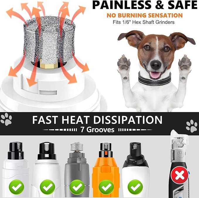 LENONG Fast Cooling Dog Nail Grinder Head with 7-Grooves, Anti-Clogging Diamond Pet Nail Grinder Replacement Bit with Steel Brush for Casfuy and Most Brands (1pcs 80#)