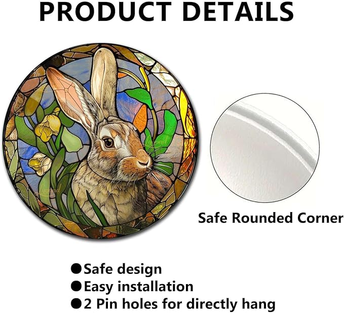 Lygond Metal Sign Tin Sign Circular Stained Glass Rabbit Restroom Tin Sign for Garden 8×8 Inches