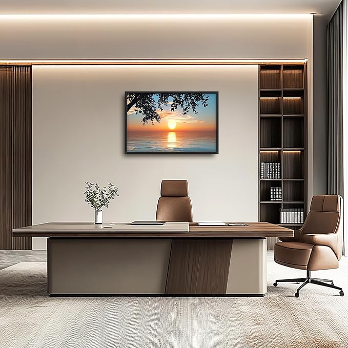 Framed Large Lake Sunset Wall Art, Oversized Natural Landscape Wall Decor for Living Room, Tree Leaves Canvas Painting Pictures Home Decoration for Living Room Bedroom Office 36"x24"