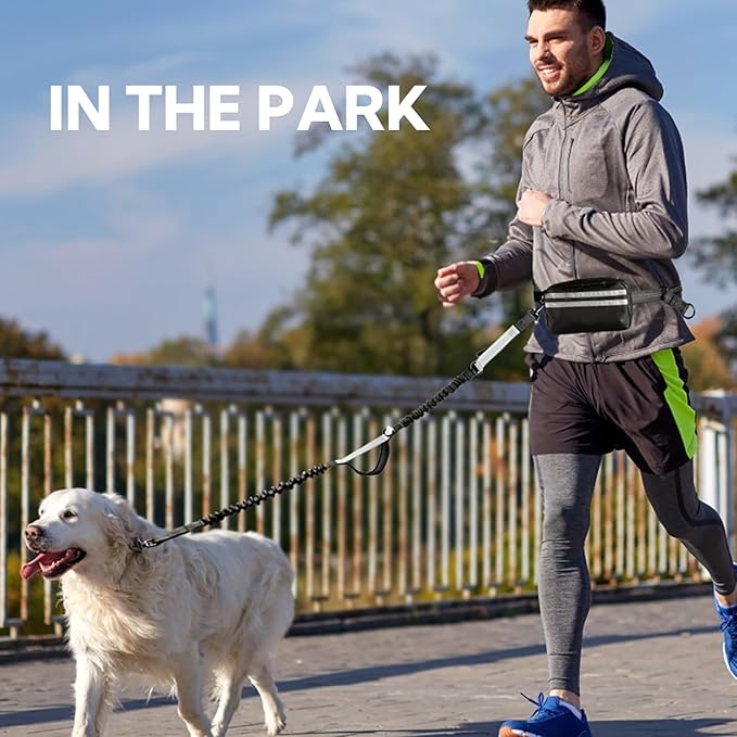 Hands Free Dog Leash, Adjustable Waist Belt with Double Padded Handles, Retractable Bungee for Medium & Large Dogs, Waist Leash for Dog Walking, Running, No Pull, Black