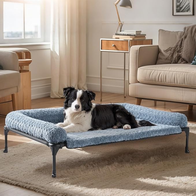 Veehoo Cooling Elevated Dog Bed Add Removable Deluxe Rose Plush Bolster Cushion Mat, 41" x 27" Washable Dog Couch Bed, Raised Pet Cot with Breathable Teslin Mesh, No-Slip Feet, Haze Blue, CWC2439B