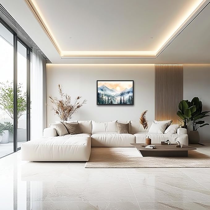 Large Misty Mountain Forest Wall Art for Living Room, Framed Foggy Sunrise Landscape Wall Decor Oversized Watercolor Canvas Painting Modern Artwork Home Decoration for Bedroom Office 36"x24"