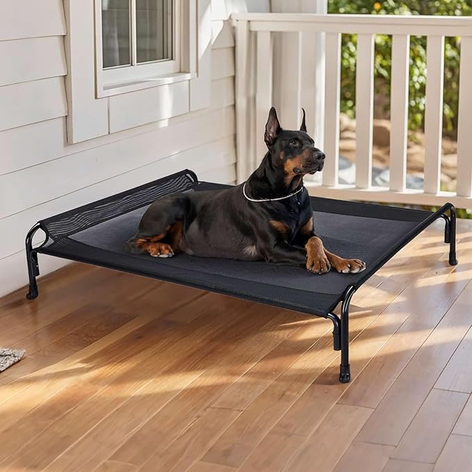 Veehoo XL Outdoor Elevated Dog Bed, Raised Dog Cot for Extra Large Dogs, Cooling Washable Waterproof Pet Hammock Beds with Slope Headrest, Breathable Mesh and Sturdy Frame, X-Large, Black, CWC2204