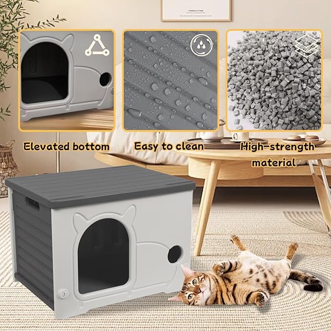 Plastic Outdoor Cat House Waterproof Feral Cat Shelter(Gray)