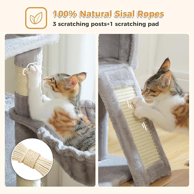 PAWZ Road Cat Tree, 51.6 Inches Cat Tower with Dual Condos, Spacious Perch, Cozy Basket and Sisal-Covered Scratching Posts for Indoor Cats- Gray