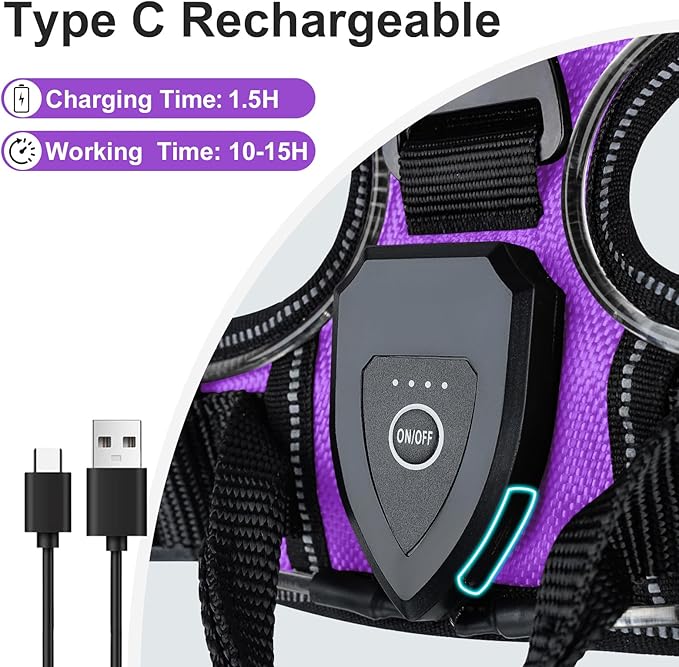 Taglory Light Up Dog Harness, Rechargeable No Pull Dog Vest with 3 Lightning Modes, Reflective Dog Harness with 2 Leash Clips & 4 Adjustable Slide Strips for Large Dogs, Purple-Orange, L