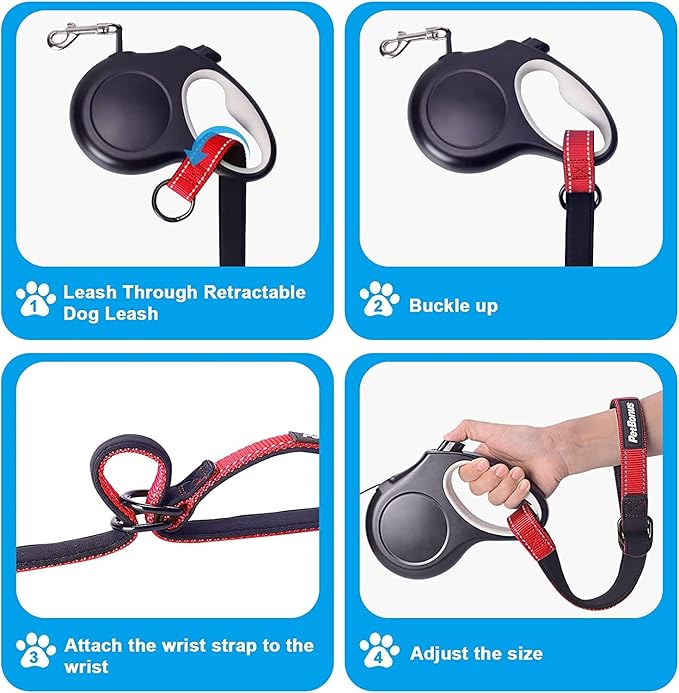 PetBonus 2 Packs Short Dog Leash, Safety Wrist Strap for Retractable Dog Leash, Reflective Design and Adjustable Soft Padded Handle, Extra Layer Security for Pet Stroller (Red, Red)