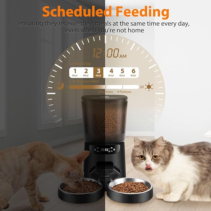 Automatic Cat Feeder and Water Fountain, 5L/20 Cups Timed Cat Dry Food Dispenser, 10s Meal Call, 20 Portions 6 Meals Per Day, 2L Cats Fountains for Drinking with Filter, Pet Feeder for Dog Black