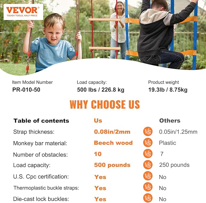 VEVOR Ninja Warrior Obstacle Course for Kids, 1 x 50 ft Weatherproof Slacklines, 500lbs Weight Capacity Monkey Line, Outdoor Playset Equipment, Backyard Toys Training Equipment Set with 10 Obstacles