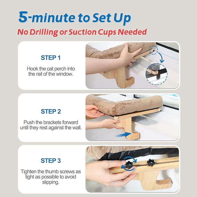 Cat Perch for Window Sill with Bolster - Orthopedic Hammock Design with Premium Hardwood & Robust Metal Frame - Cat Window Seat for Large Cats and Kittens - Dark Stained Wood with Brown Bed