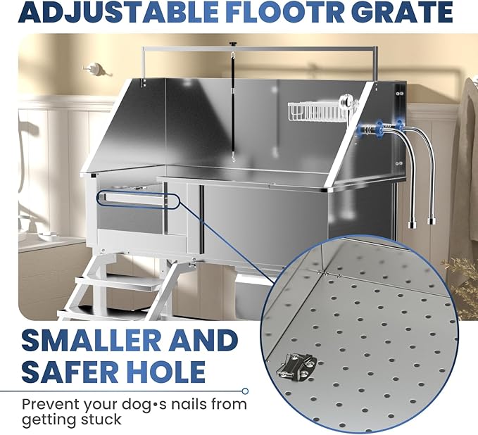 Professional 46" Dog Washing Station, Stainless Steel Dog Bathing Station, Height Adjustable Dog Wash Station, Storage Drawer, Upgrade Parts, Home, Commercial (Left Step)