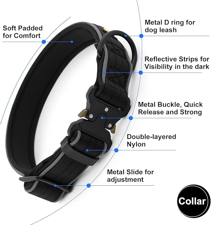 Plutus Pet Tactical Dog Collar, Reflective, Adjustable Heavy Duty Dog Collar, Soft Padded and Comfortable, for Small Medium and Large Dogs (Black, XS)