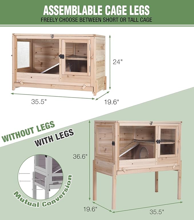 GUTINNEEN Guinea Pig Cage Rabbit Cage Indoor with Chew-Proof Edges, Clean Deep Tray, Leakproof PVC Layer, Small Animals Cage with Adjustable Legs - Natural Wood Color