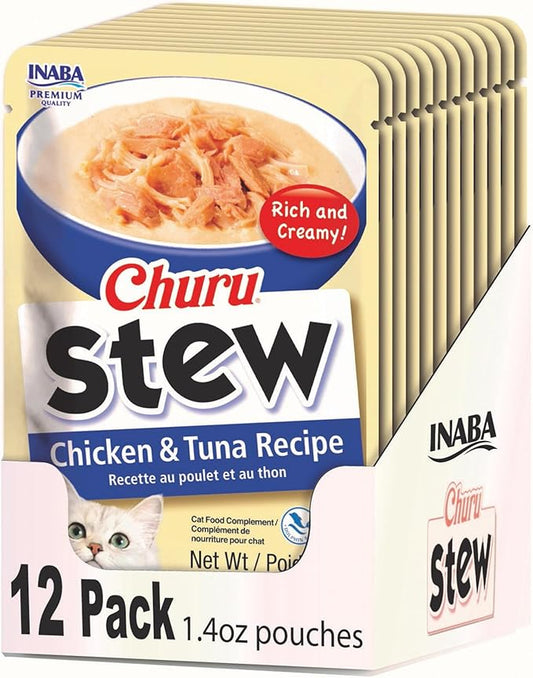 INABA Churu Stew for Cats, Side Dish Pouch with Vitamin E, 1.4 Ounces per Pouch, 12 Pouches, Chicken & Tuna Recipe
