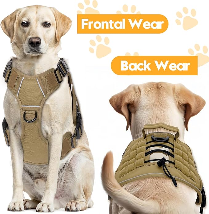 Heavy-Duty Tactical Dog Harness for Large Dogs, No Pull Adjustable Reflective Pet Vest with Molle System, K9 Military-Grade Control for Service Training, Outdoor & 10+ Breeds, Khaki, X-Large
