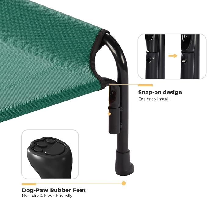 Veehoo Elevated Dog Bed, Outdoor Raised Dog Cots Bed for Large Dogs, Cooling Camping Elevated Pet Bed with Slope Headrest for Indoor and Outdoor, Washable Breathable, X-Large, Green, CWC2204
