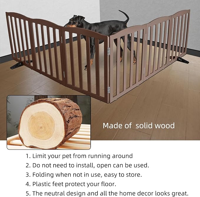 ZJSF Foldable Freestanding Indoor Dog Gate for House Wood Long Pet Gates Dog Fence for Stairs Puppy Gates for Hallways, Puppy Gate,Support Feet Included, Brown, 32 "Height-6 Panels