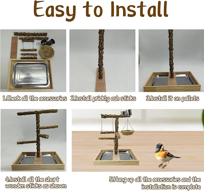 Tfwadmx Bird Perch Natural Wood Stand Toy Parrot Play Stand Platform and Hanging Bird Nests Bird Cage with Removable Tray and 2 Stainless Steel Cups for Parakeets Canaries Cockatiels Conure Lovebirds