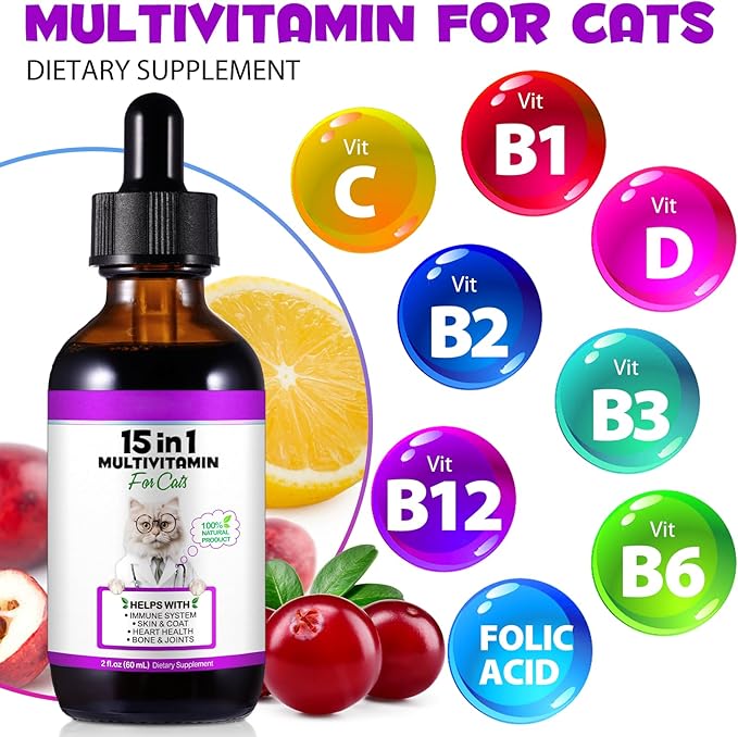 Cat Multivitamin,15 in 1 Cat Vitamins Liquid Drops Supplements for Heart Health, Bones, Joint, Skin & Coat, Bladder, Immune System Support 60ml