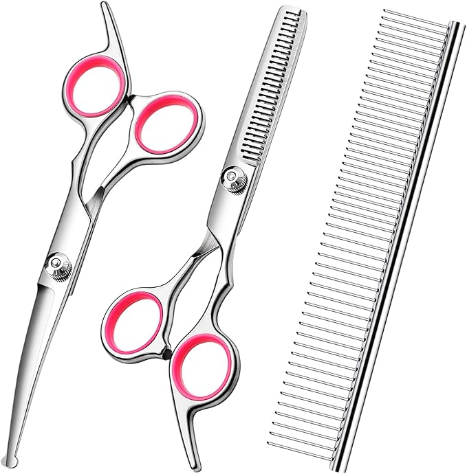 Dog Grooming Kit with Safety Round Tips Stainless Steel Professional Dog Shears Set - Thinning, Curved Scissors and Comb for Cat Pet