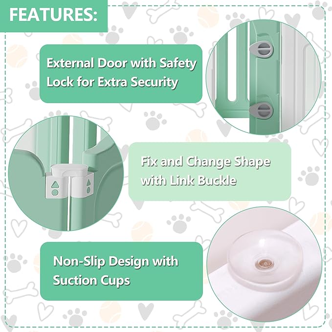 Foldable Dog Play Pen Indoors, Non-Slip Sturdy Puppy Playpen with Door, 25.5" H 10-Panel Adjustable Shape Dog Fence Pen for Small/Medium Dogs, Thickened, Easy to Store, White+Green
