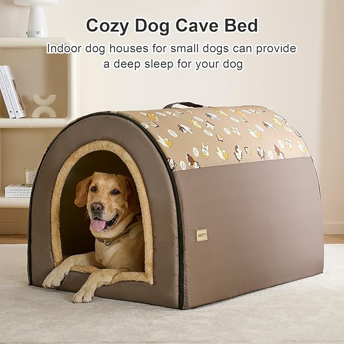 Jiupety 2 in 1 Dog House Indoor, Comfy Cave Bed Covered Dog Bed, Portable House for Large Dogs, 3XL(39"×32"×28"), Up to 90 Lb, Brown