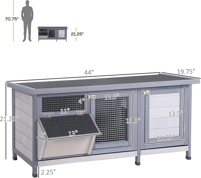 PawHut Wooden Rabbit Hutch Bunny Hutch Cage Guinea Pig with Waterproof Roof, No Leak Tray and Feeding Trough, Indoor/Outdoor, Gray