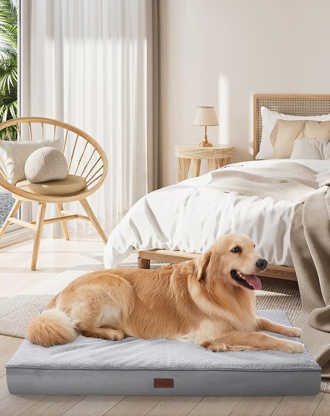 OhGeni Orthopedic Waterproof & Machine Washable Dog Bed for Large Pets, Suitable for Crates, 25D Egg Crate Foam, Non-Slip Bottom & Removable Cover, Sherpa Fabric, 41 Inches(Gray)
