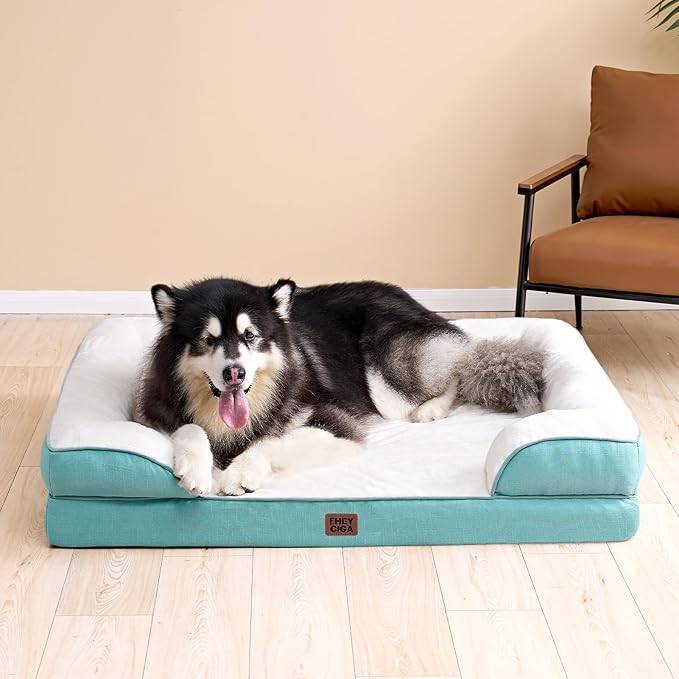 EHEYCIGA Orthopedic Dog Beds for Extra Large Dogs, Waterproof Memory Foam XL Pet Bed with Sides, Non-Slip Bottom and Egg-Crate Foam Big Dog Couch Bed with Washable Removable Cover, Turquoise Blue
