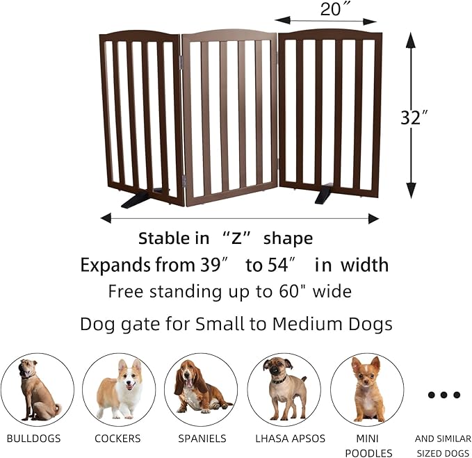 ZJSF Foldable Freestanding Indoor Dog Gate for House Wood Long Pet Gates Dog Fence for Stairs Puppy Gates for Hallways, Puppy Gate,Support Feet Included, Brown, 32 "Height-3 Panels