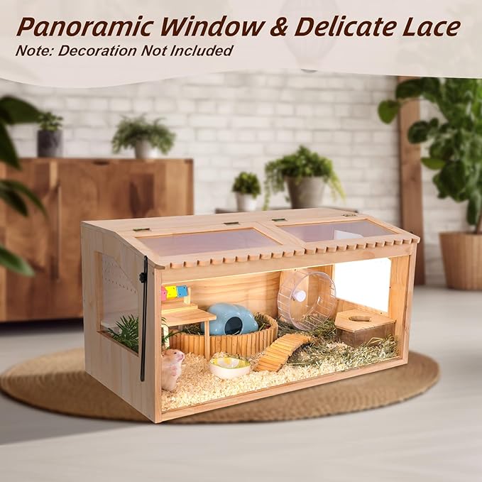 Wooden Hamster Cage, 32"x16"Guinea Pig Cage, Small Animal Cage for Dwarf Syrian Hamsters Degus Mice & Other Small Pets. Large Hamster cage with with 2 Adjustable skylights.