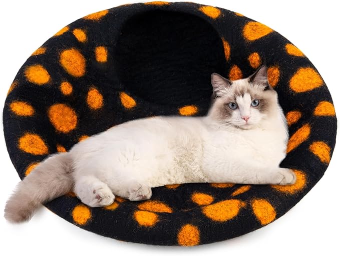 Woolygon Premium Felt Cat Cave Bed - Polka Dot Series - Wool Kitty Beds Handcrafted Kitten Caves Bed for Indoor Cats - Eco-Friendly Merino Wool, Foldable Cat Hideaway Cat Houses (Yellow/Black Dots)