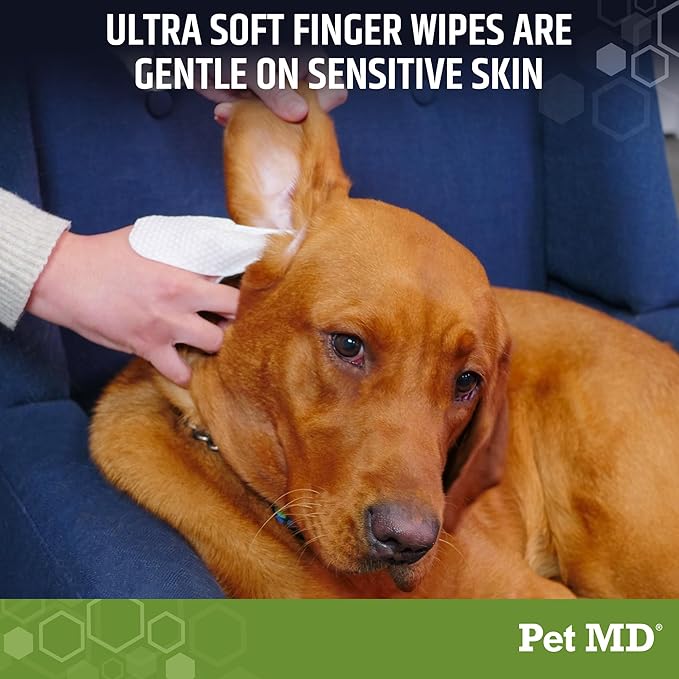 Pet MD Ear Finger Wipes for Dogs - Extra-Coverage and Large Design - with Eucalyptus and Aloe Vera for Dogs - Pet Ear Cleaning Finger Wipes & Puppy Ear Cleaner - 50ct