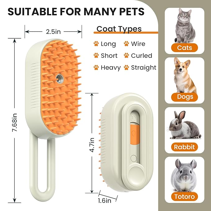 Cat Steam Brush for Shedding, Pet Steam Brush for Cats and Dog, 4 in 1 Rechargeable Cat Hair Brush, Spray Anti-Static, Massage, Cleaning, Shedding & Combing All In One, for Long & Short Haired Pets!
